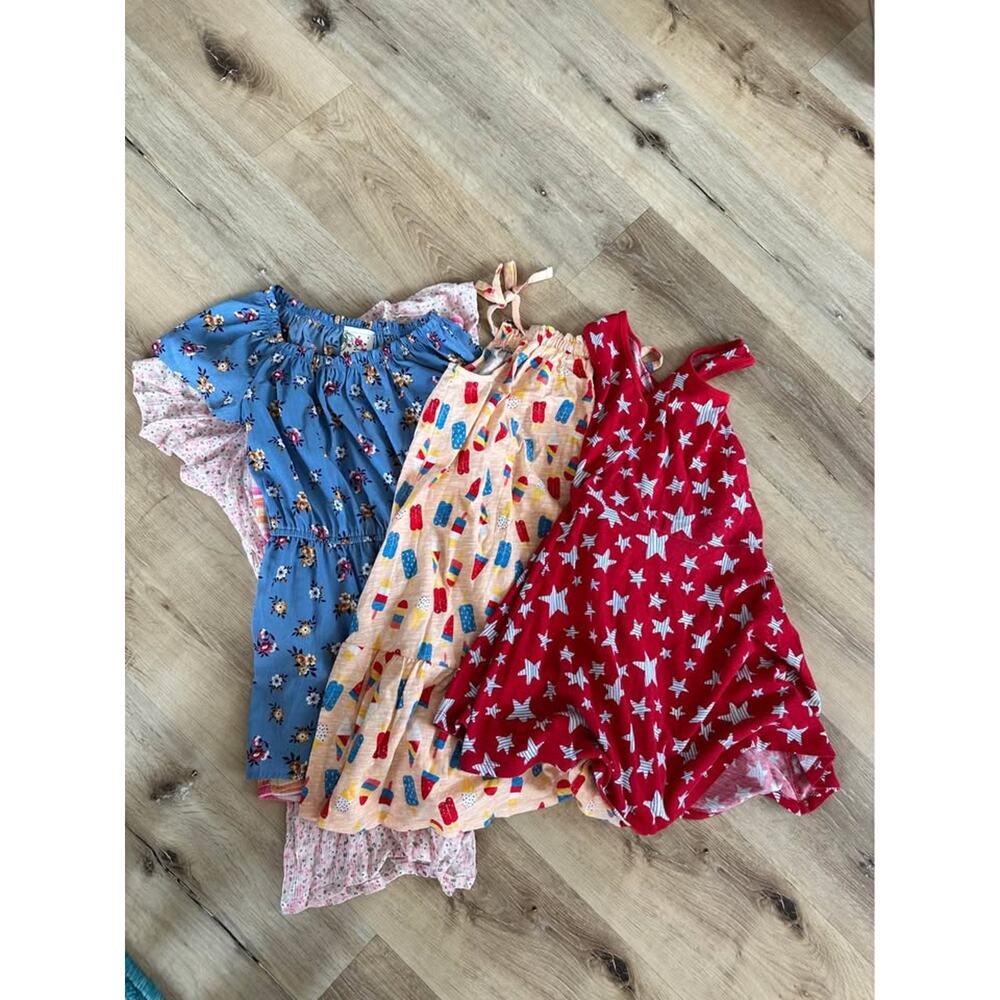 Girls Summer Clothing Bundle 2 Dresses + 3 Rompers | Patriotic / Floral 7/8 NWT - Picture 3 of 4